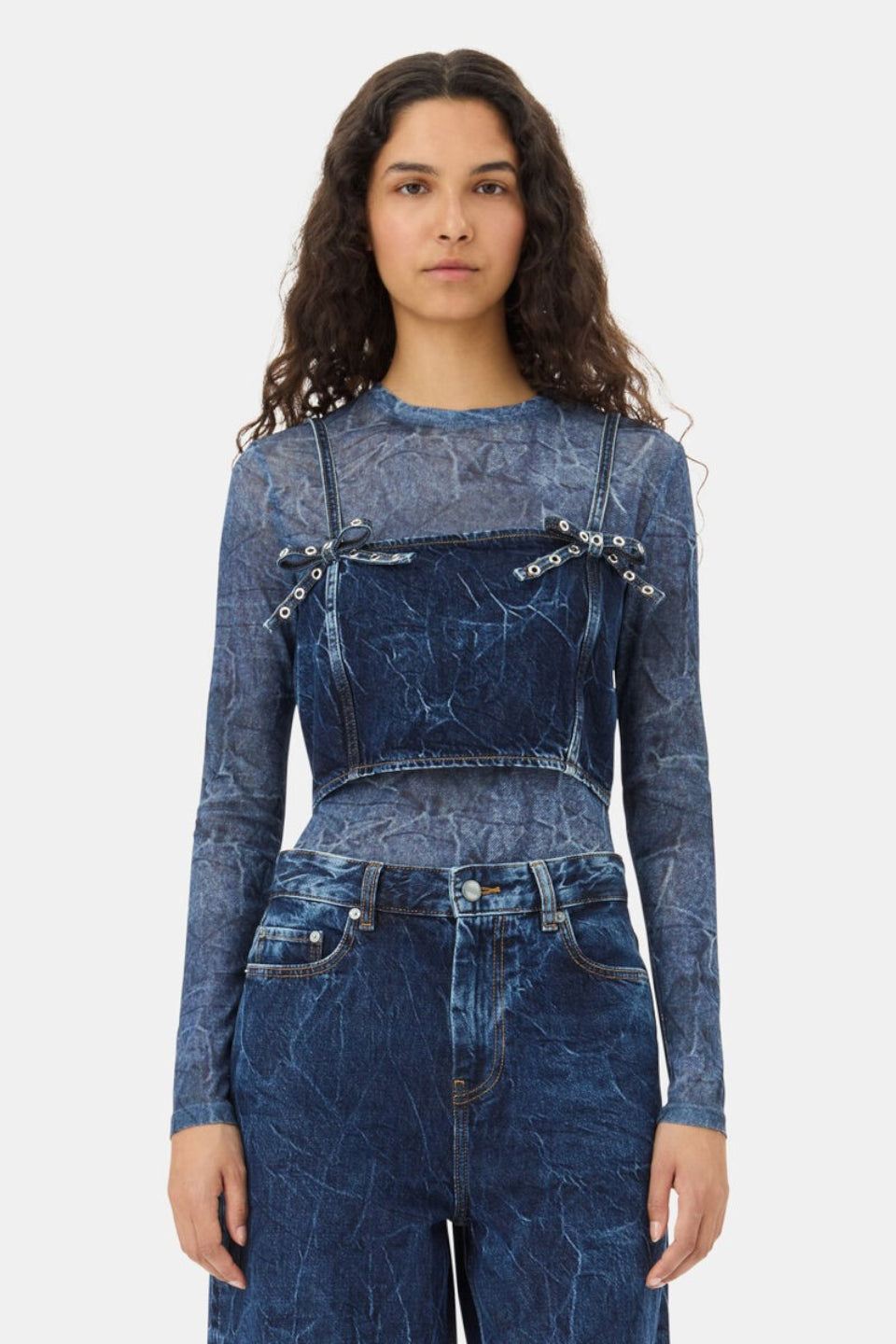 GANNI-Blue Crinkled Future Denim Strap Top-NOWALL