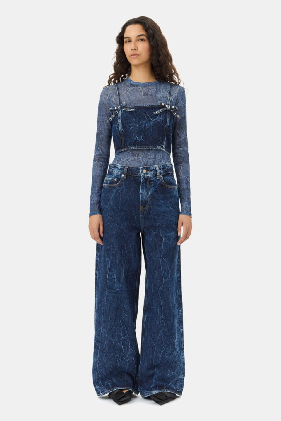 GANNI-Blue Crinkled Future Denim Strap Top-NOWALL