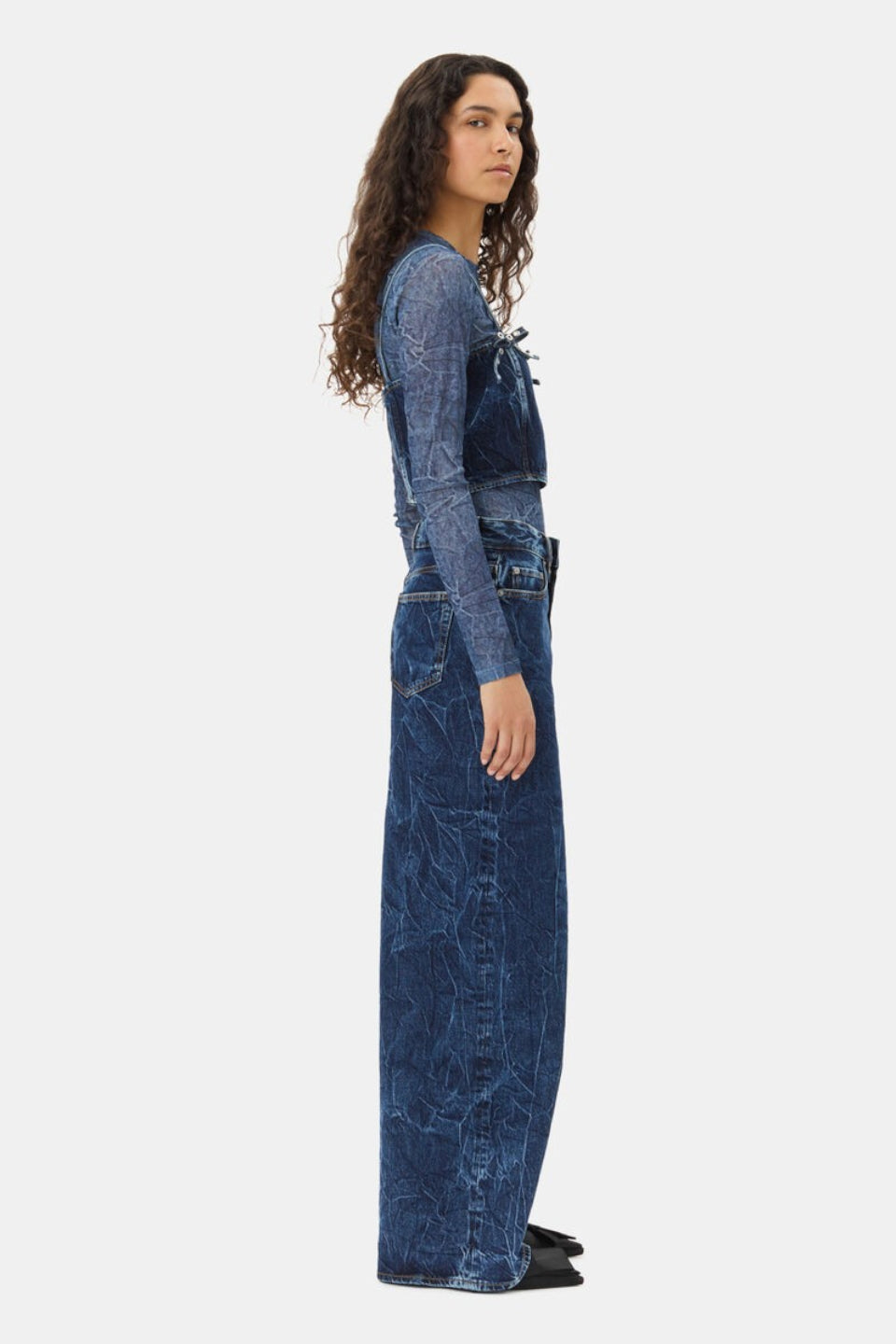 GANNI-Blue Crinkled Future Denim Strap Top-NOWALL