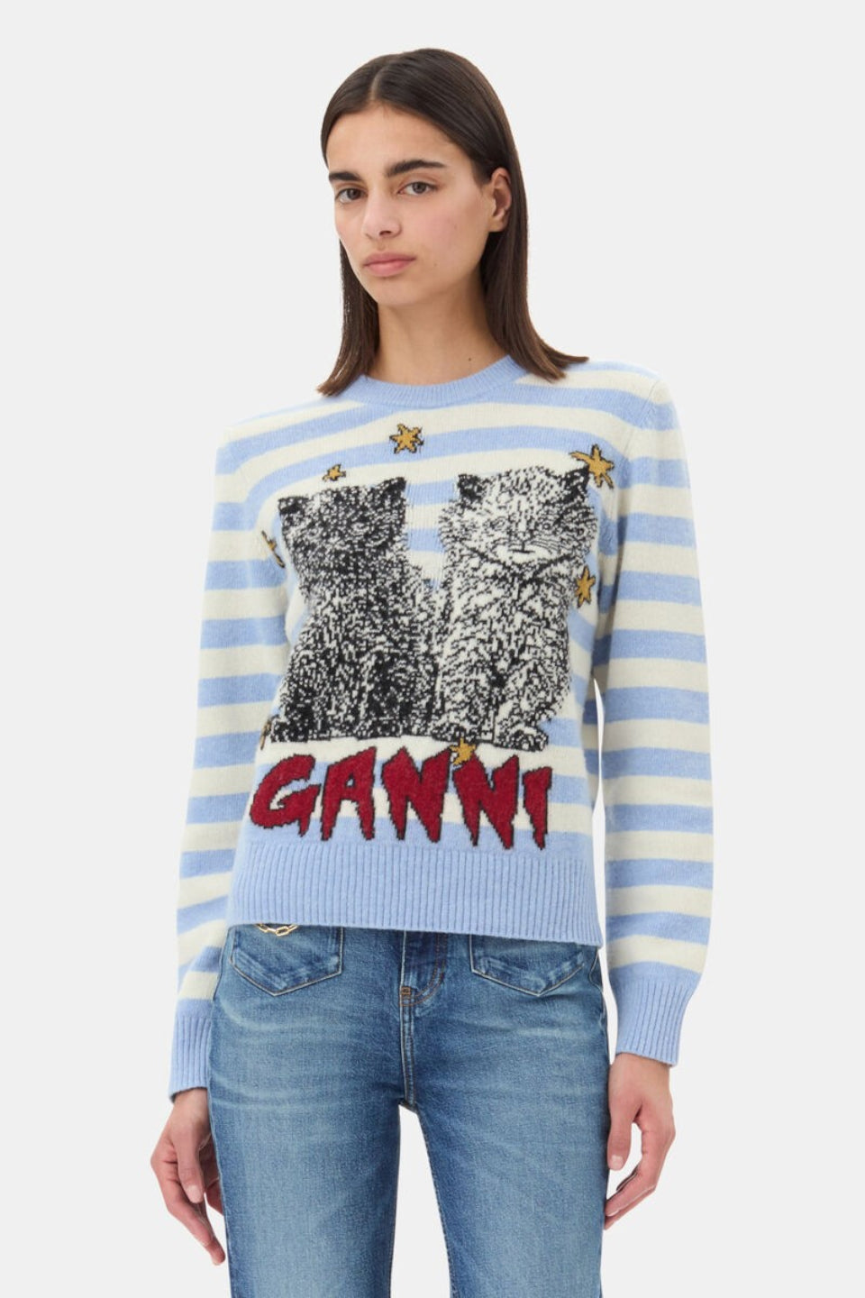 GANNI-Blue Striped Graphic Cat Jumper-NOWALL