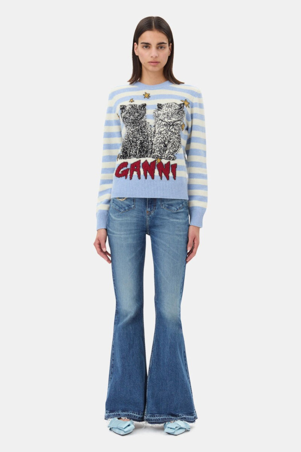 GANNI-Blue Striped Graphic Cat Jumper-NOWALL