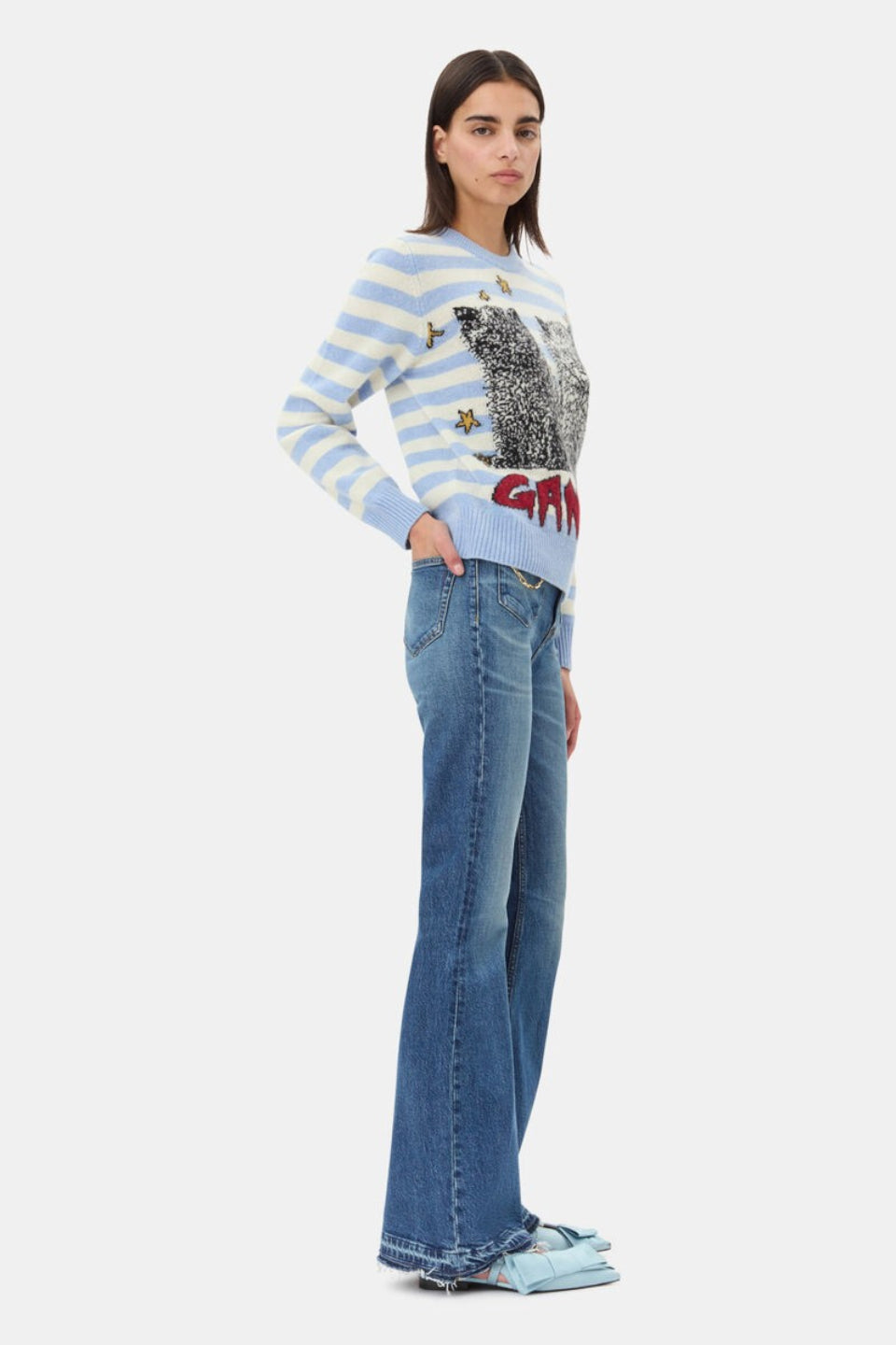 GANNI-Blue Striped Graphic Cat Jumper-NOWALL