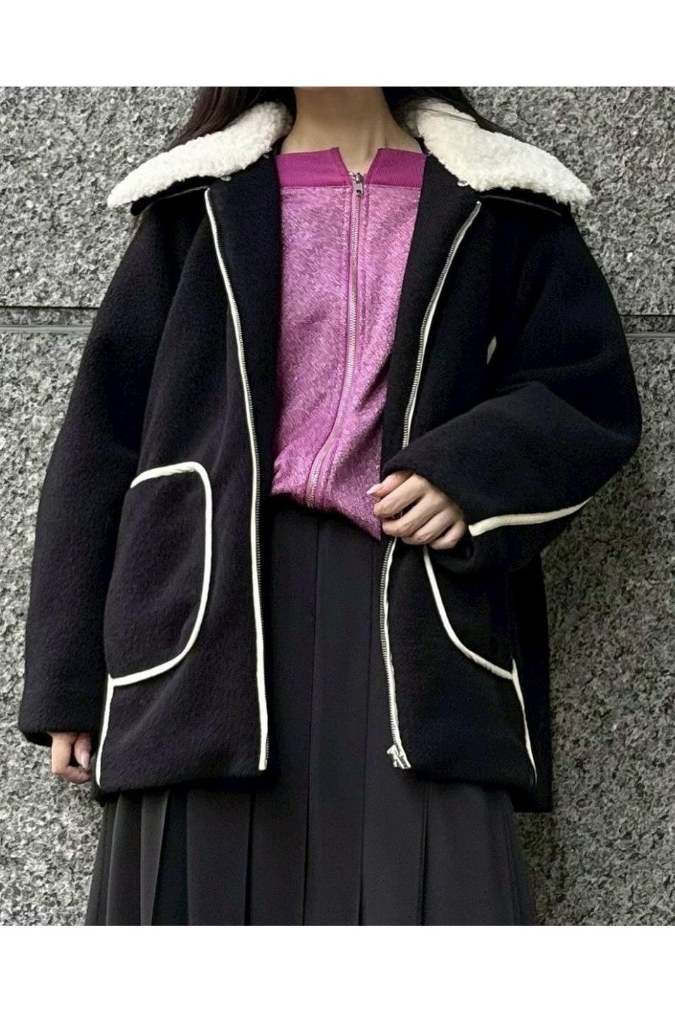 MICALLE MICALLE-Boa Collar Wool Half Coat-NOWALL