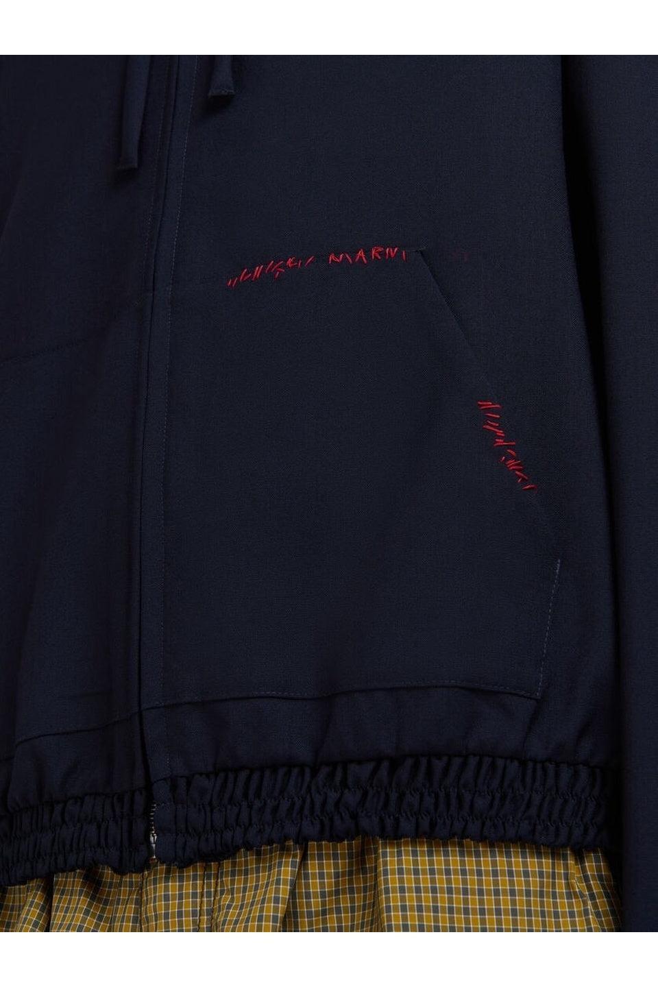 MARNI-Deep blue wool hooded shirt with Marni Mending-NOWALL