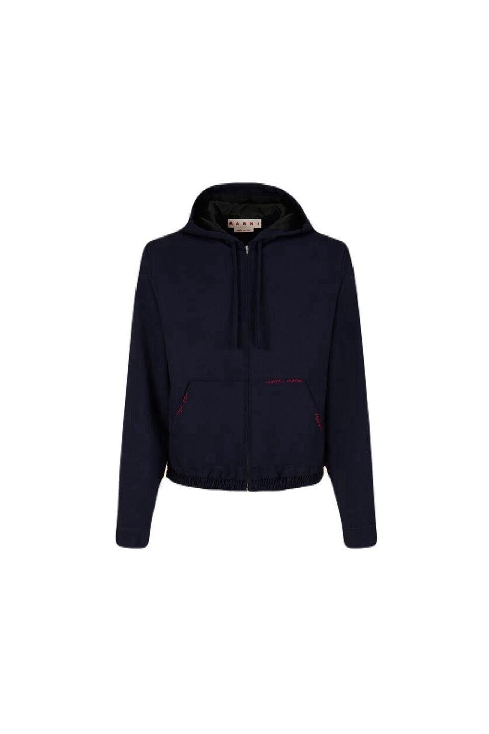 MARNI-Deep blue wool hooded shirt with Marni Mending-NOWALL