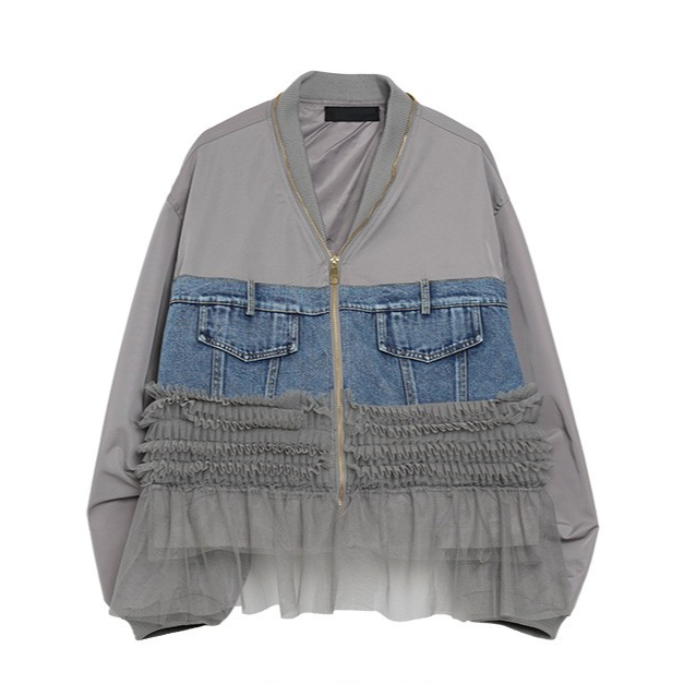 MICALLE MICALLE-Denim Docking Blouson with Tulle-NOWALL