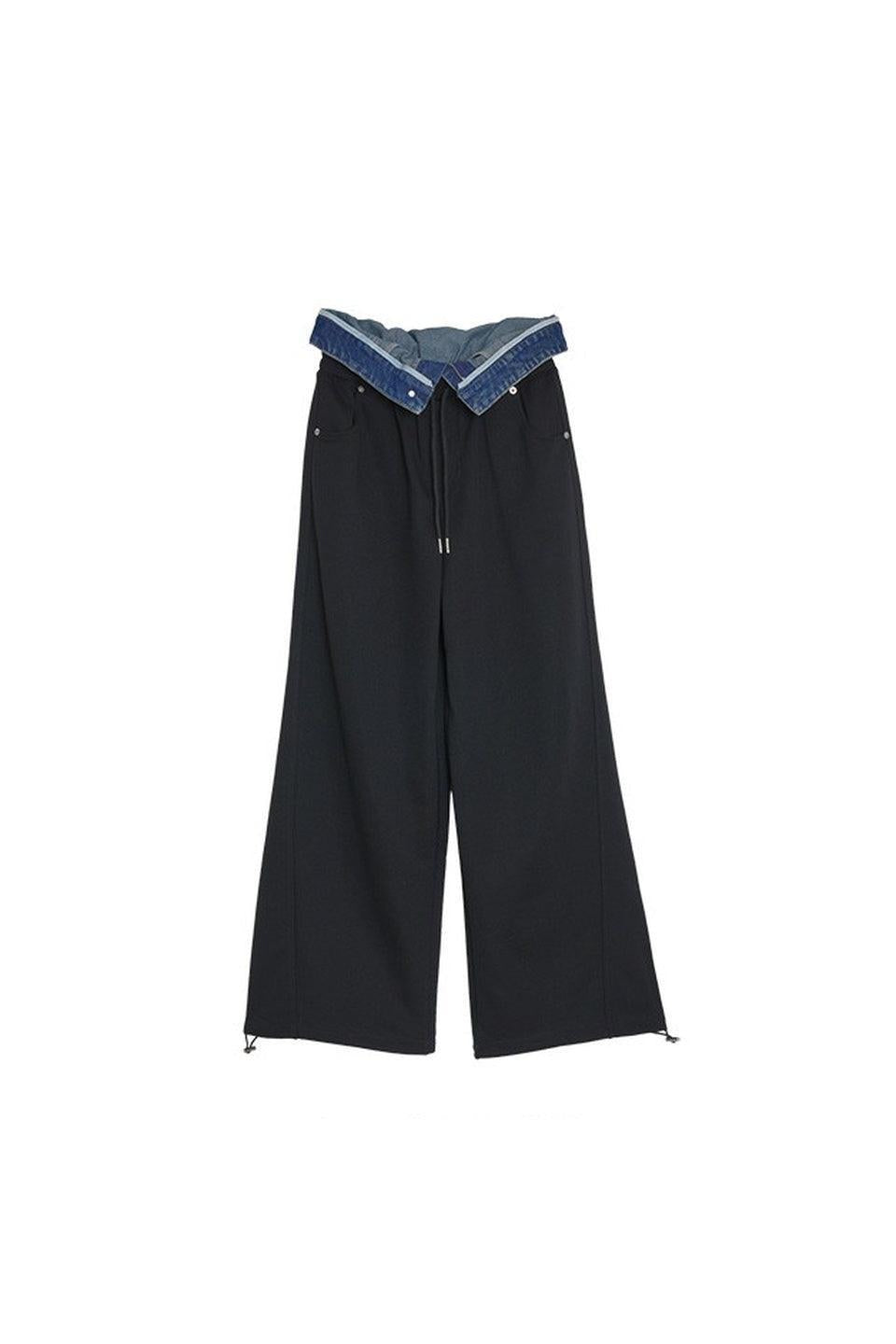 MICALLE MICALLE-Denim Waist Docking Sweat Wide Pants-NOWALL