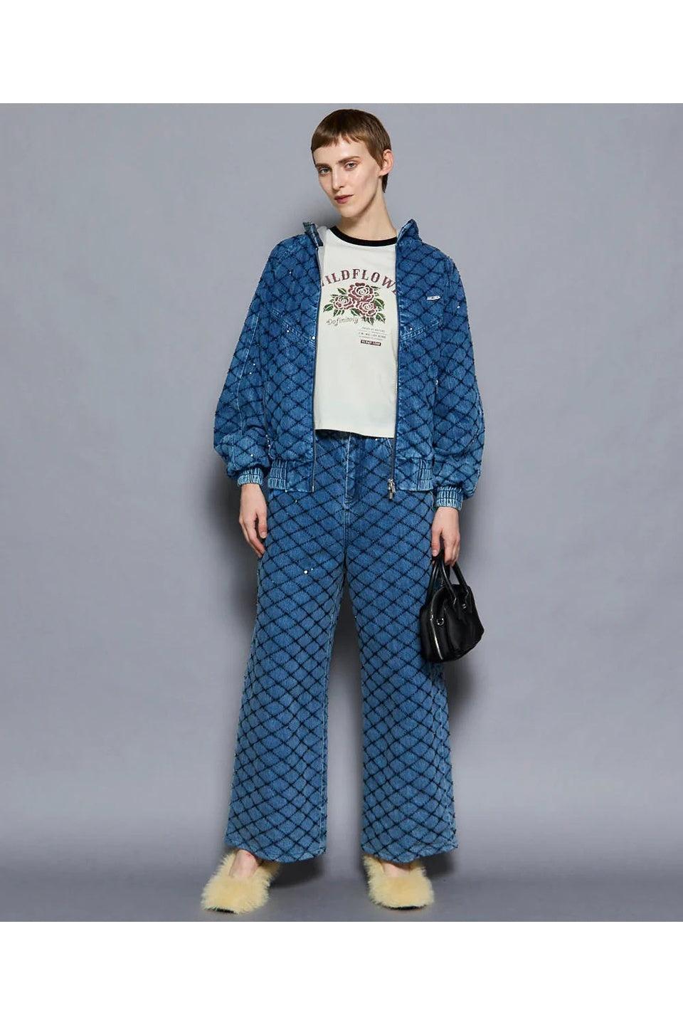 MAISON SPECIAL-Diamond Beads Embroidery Denim Hoodie-NOWALL