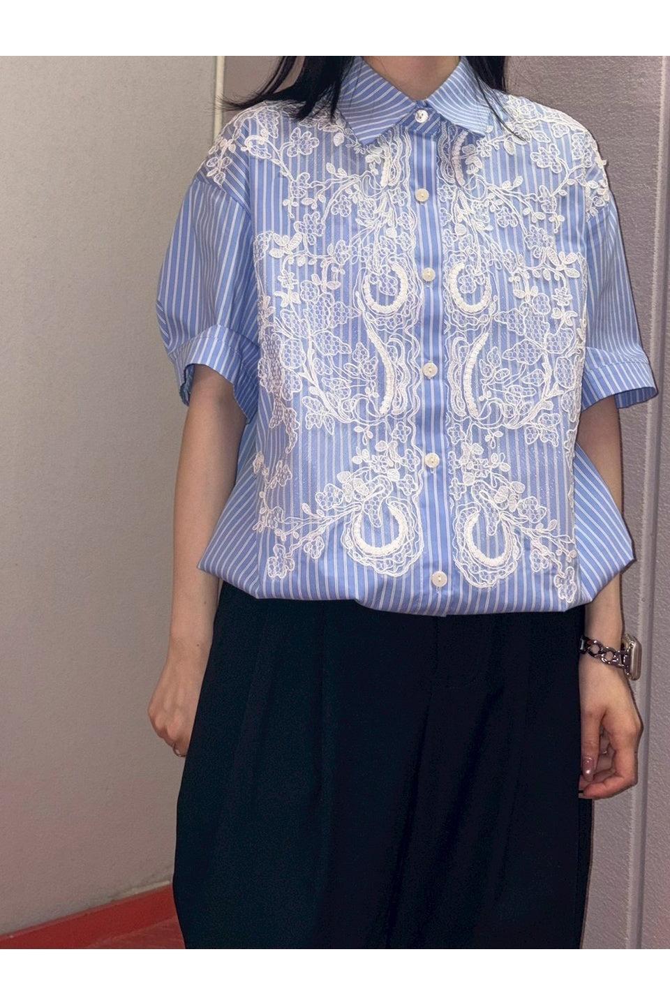 MICALLE MICALLE-Embroidery Lace Stripe Shirt-NOWALL