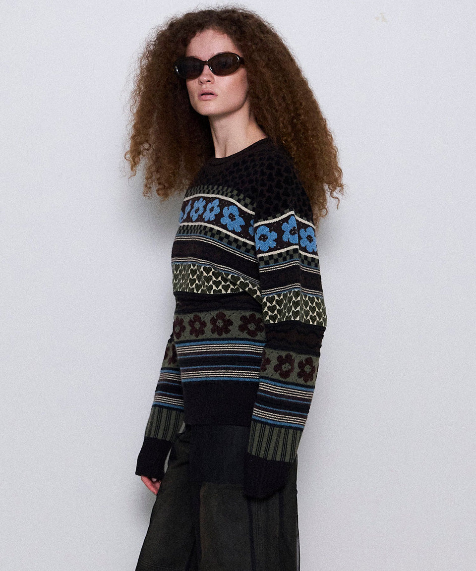 MAISON SPECIAL-Floral Pattern Jacquard Knit Tops-NOWALL