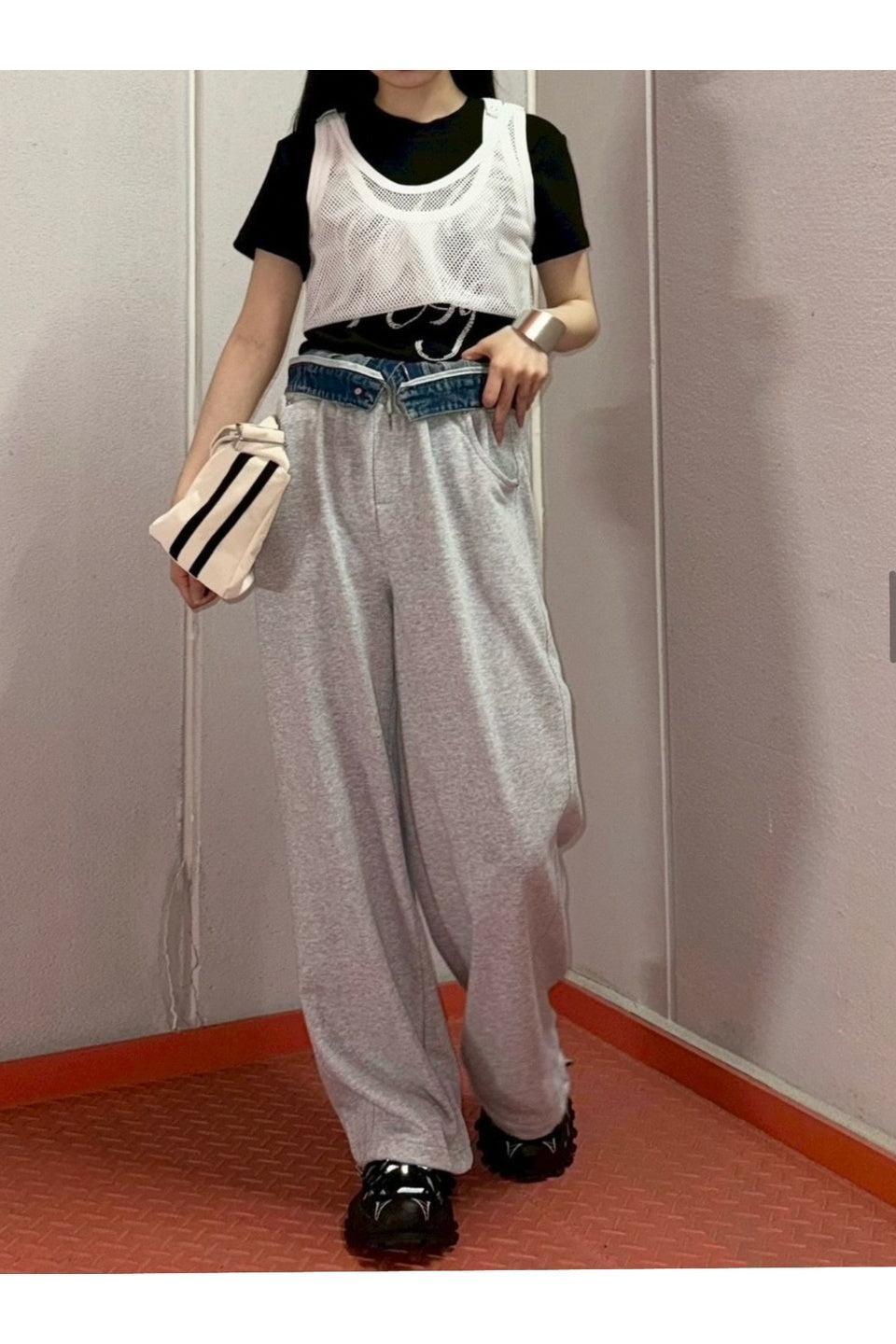 MICALLE MICALLE-Denim Waist Docking Sweat Wide Pants-NOWALL