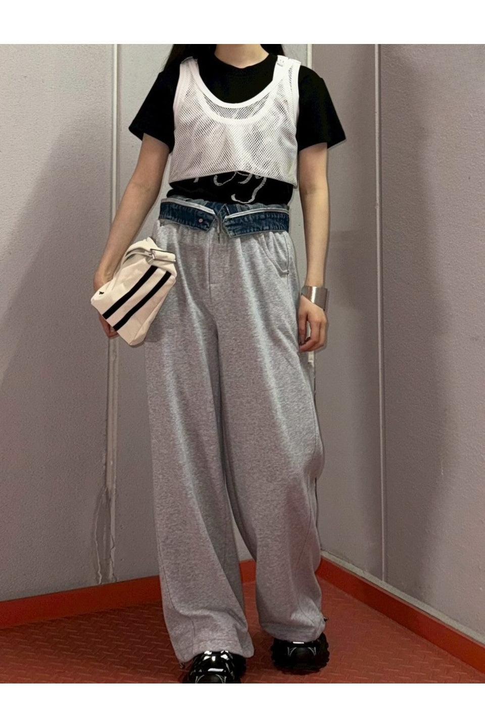 MICALLE MICALLE-Denim Waist Docking Sweat Wide Pants-NOWALL