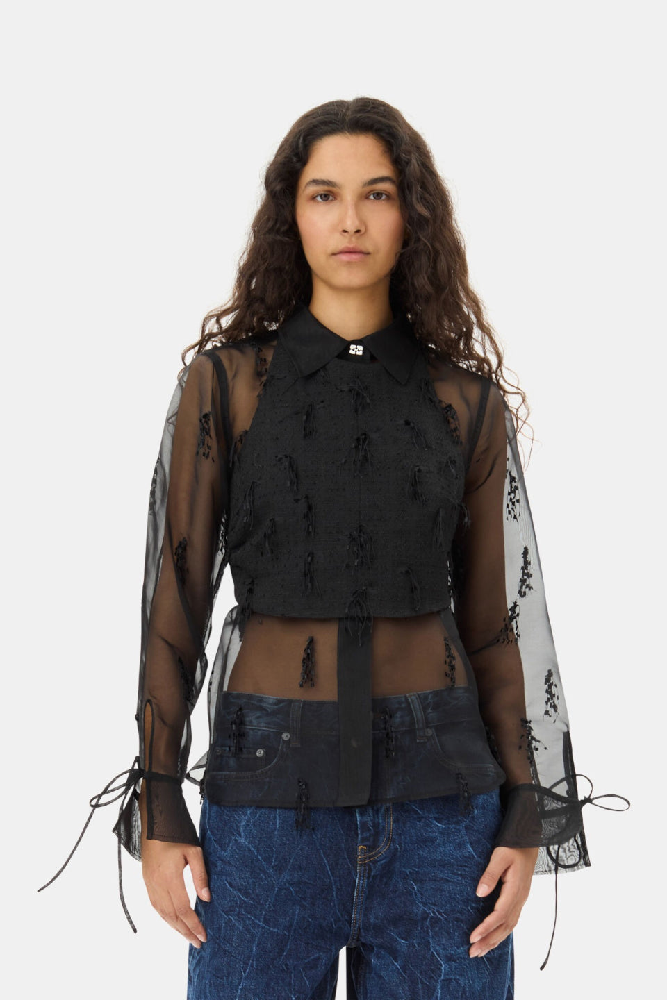 GANNI-Fringed Organza Shirt-NOWALL