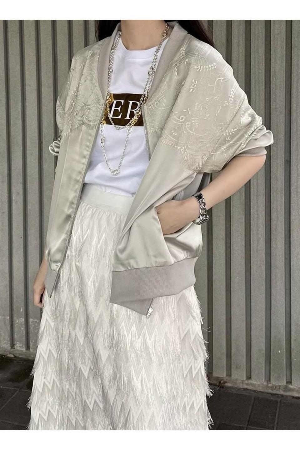 MICALLE MICALLE-Lace Panel Zip Blouson-NOWALL