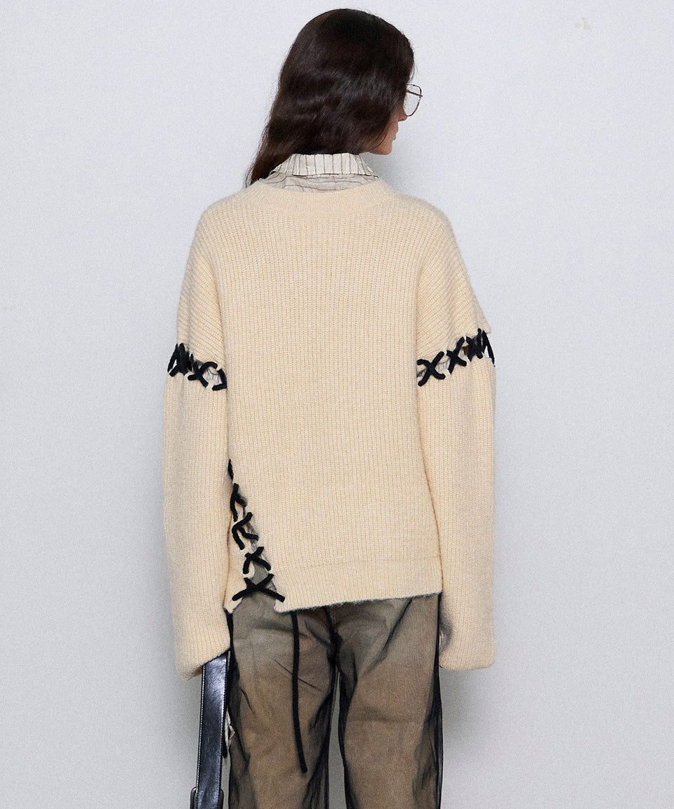 MAISON SPECIAL-Lace Up Knit Tops-NOWALL