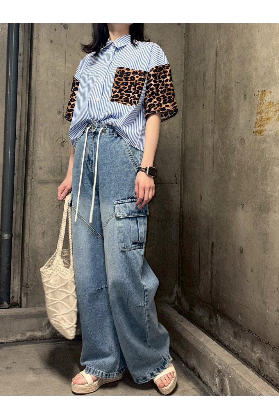 MICALLE MICALLE-Leopard Sleeve Stripe Shirt-NOWALL