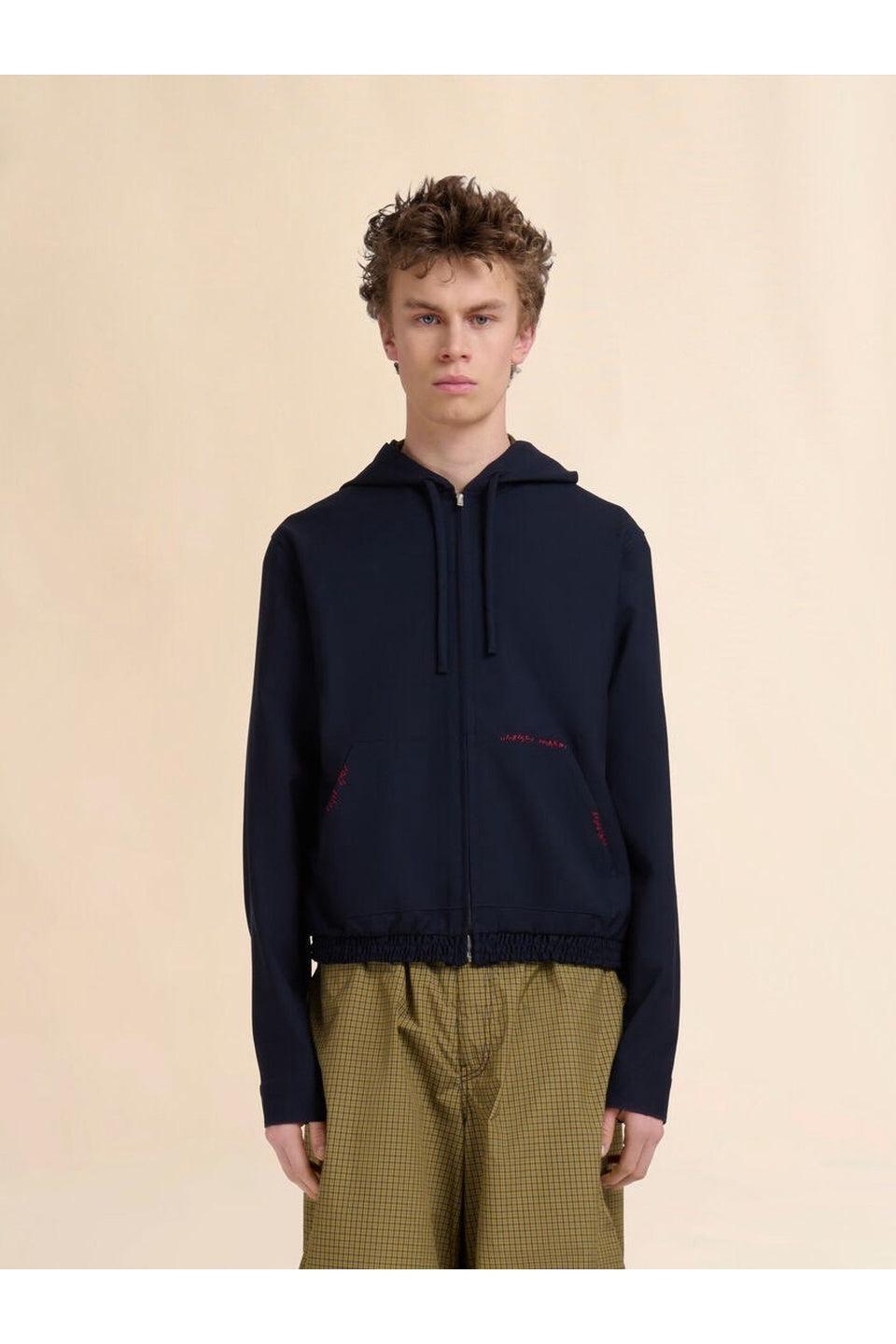 MARNI-Deep blue wool hooded shirt with Marni Mending-NOWALL