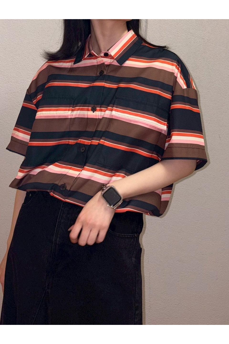 MICALLE MICALLE-Multi Border Short Sleeve Shirt-NOWALL