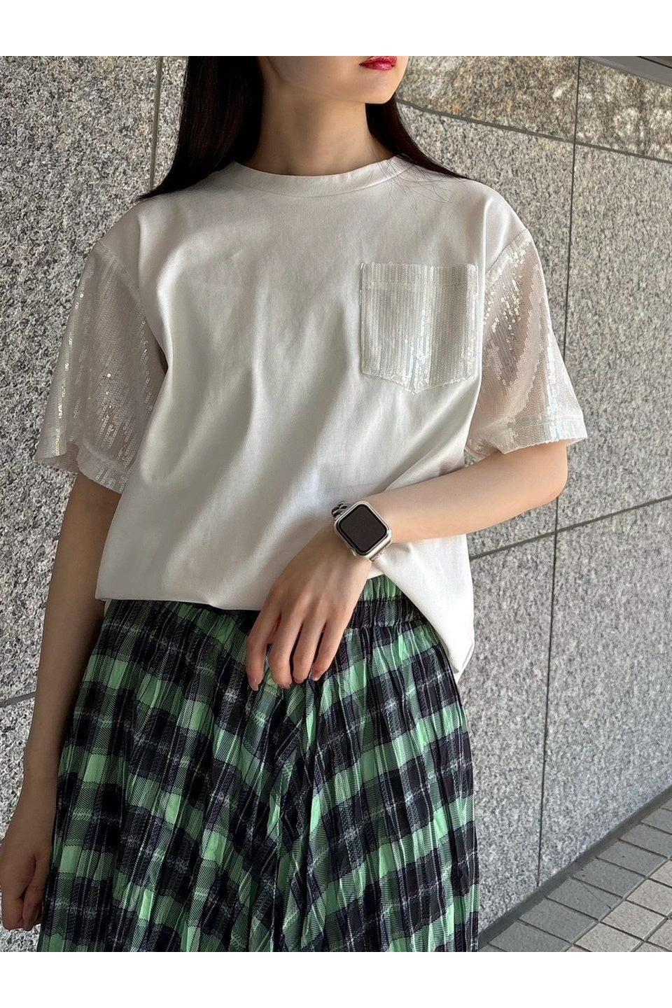 MICALLE MICALLE-Sequin Sleeve Pocket Tee-NOWALL