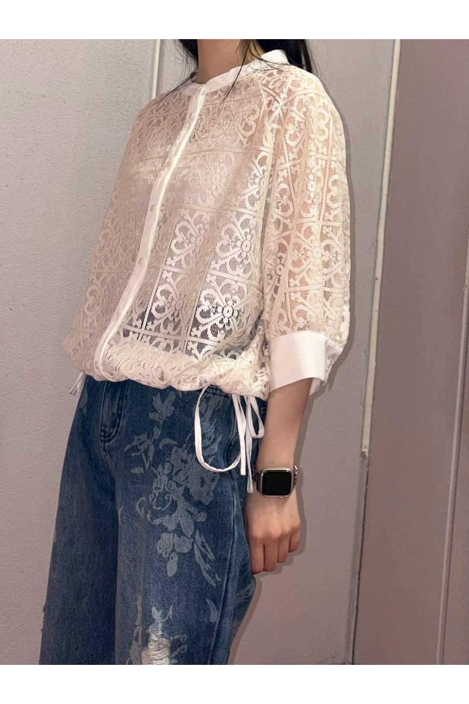 MICALLE MICALLE-Sheer Lace Drawstring Cardigan-NOWALL