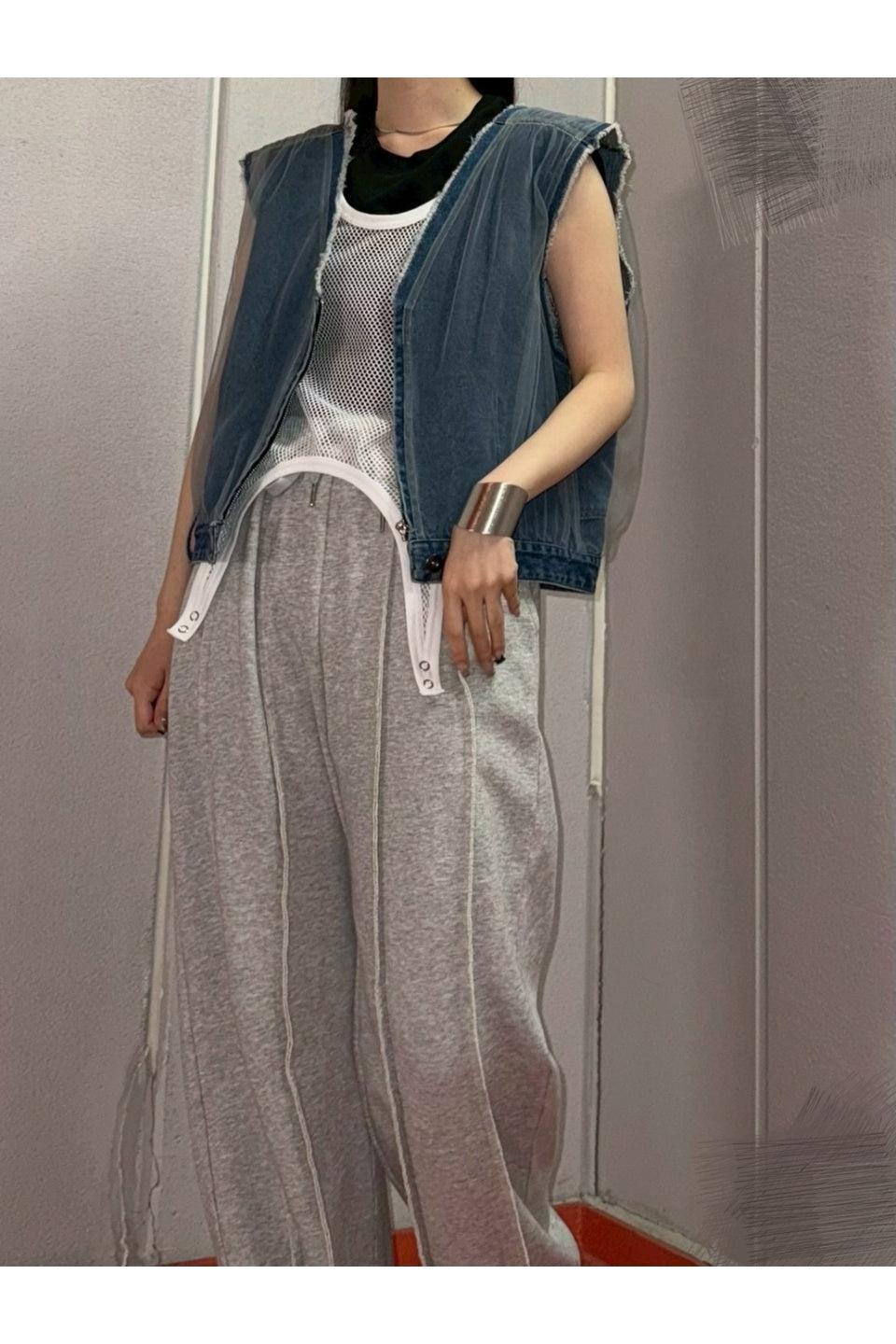 MICALLE MICALLE-Tulle Docking Denim Vest-NOWALL