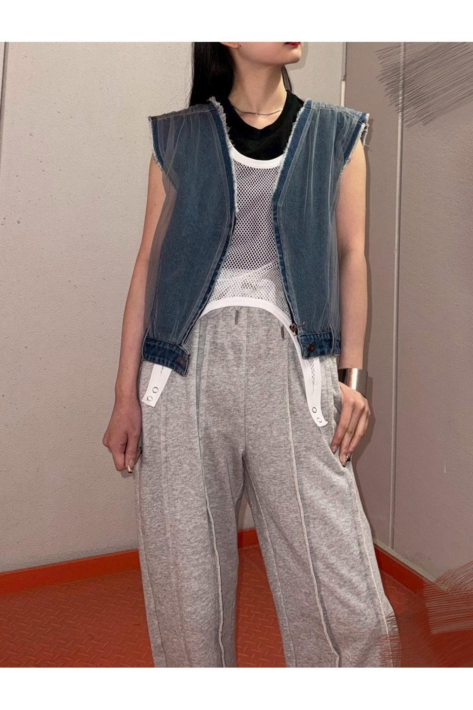 MICALLE MICALLE-Tulle Docking Denim Vest-NOWALL