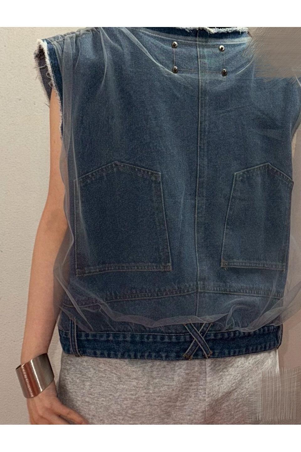 MICALLE MICALLE-Tulle Docking Denim Vest-NOWALL