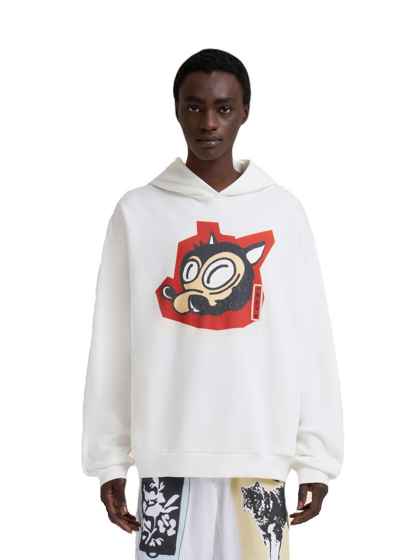 MARNI-White cotton hoodie with wolf print-NOWALL