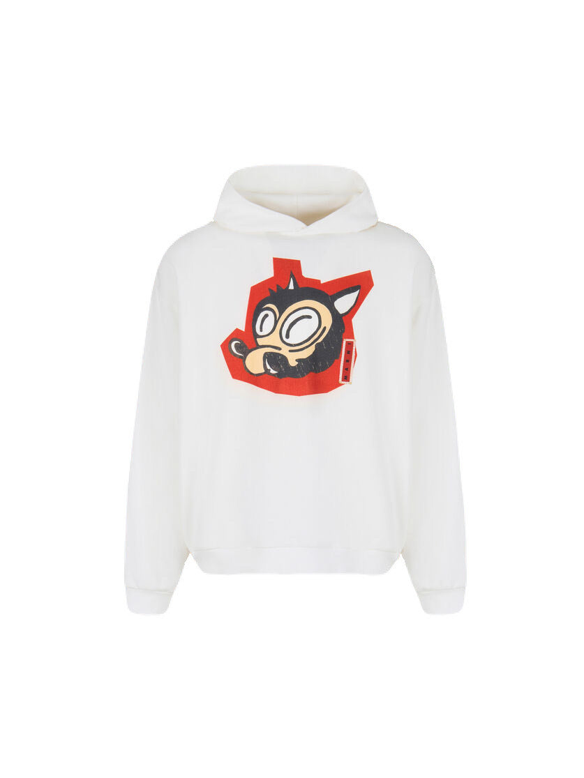 MARNI-White cotton hoodie with wolf print-NOWALL