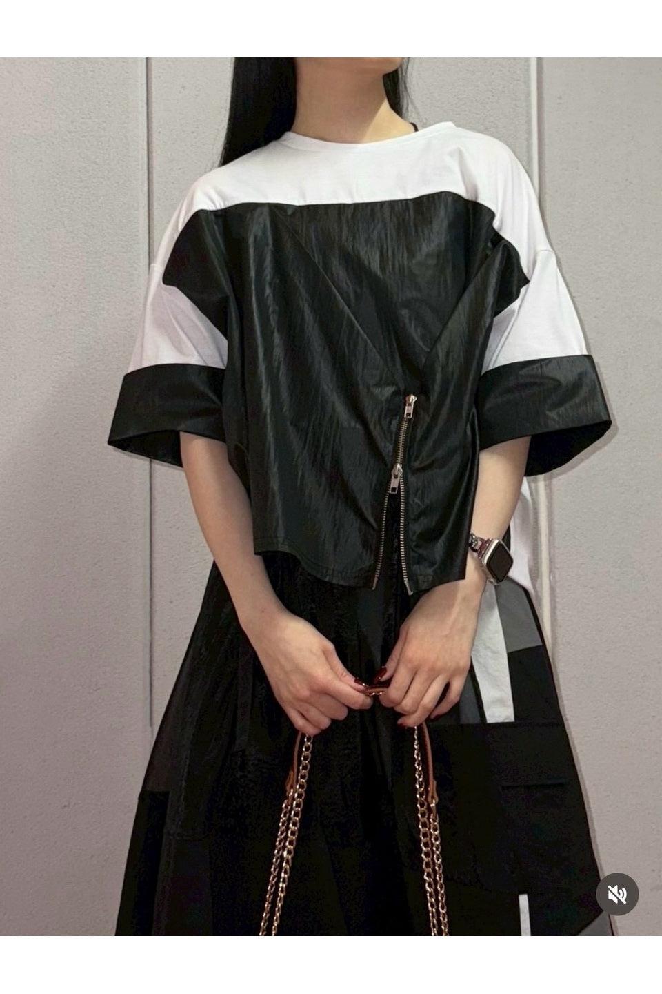 MICALLE MICALLE-Zip Layered Short Sleeve Top-NOWALL