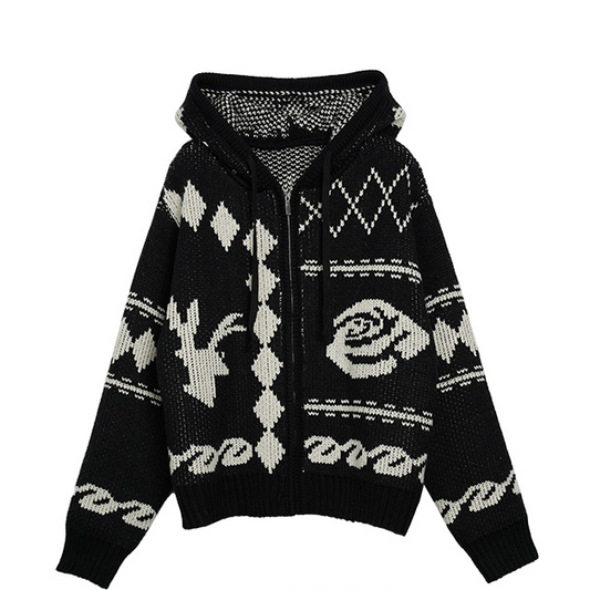 nordic pattern zip-up hoodie