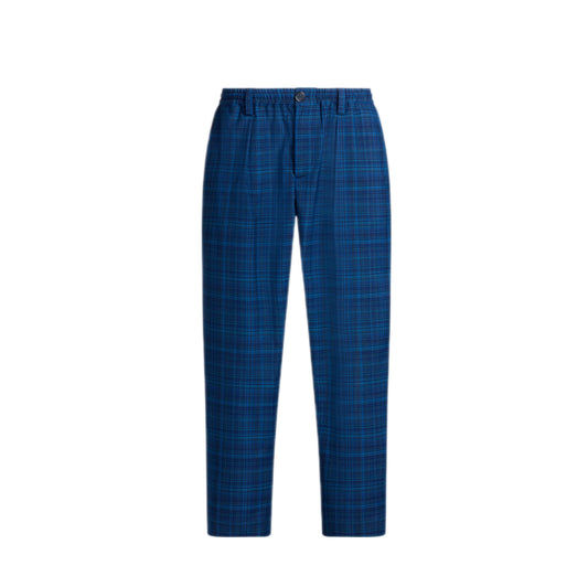 [MARNI]蓝色格纹浅色羊毛锥形裤